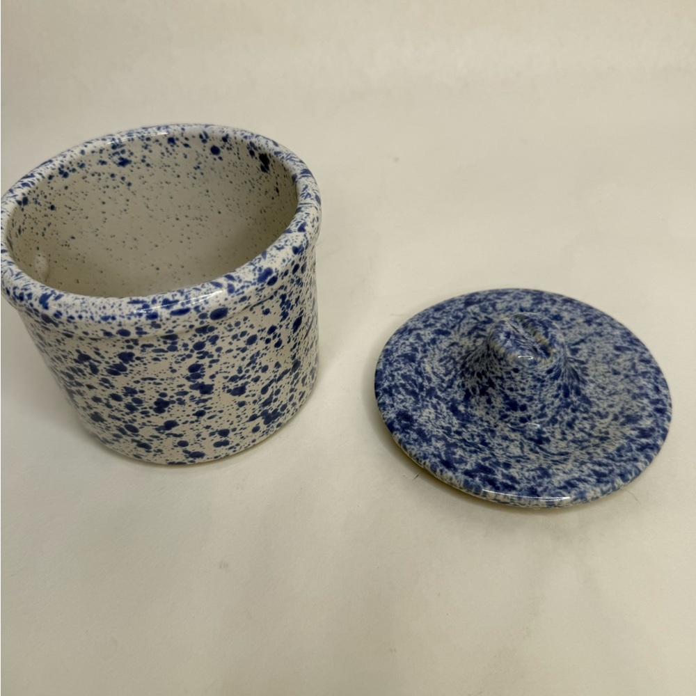 Speckled Blue and White stoneware Crock for Storing Butter and Cheese